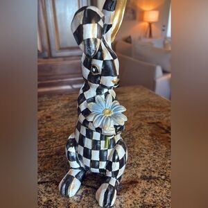 Checkered rabbit Figurine with Blue Flower